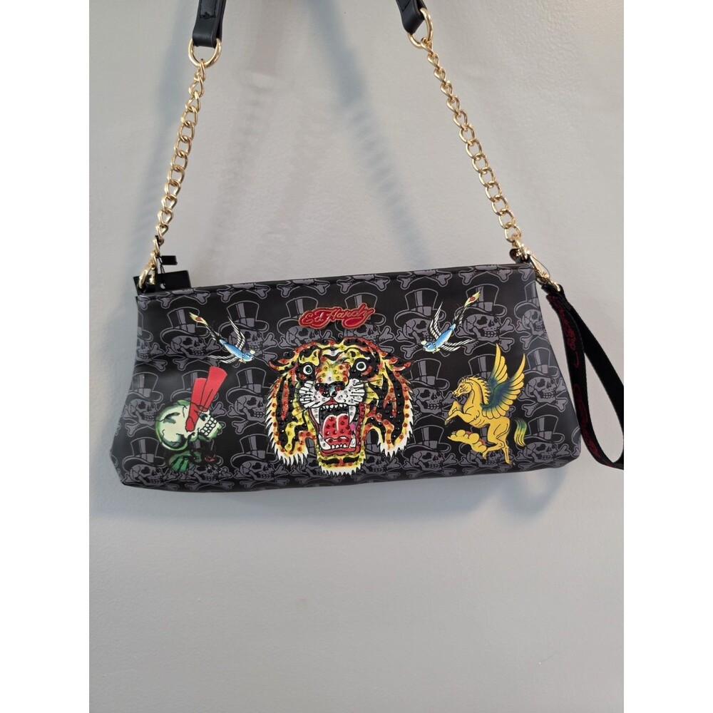 Ed Hardy Black Rhinestone Tiger & Pegasus Baguette Purse